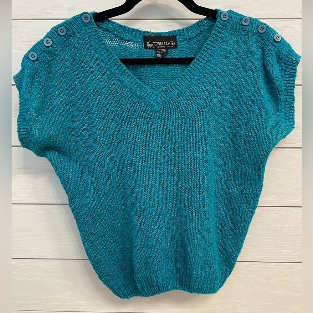 Teal V-Neck Button-Shoulder Knit Top